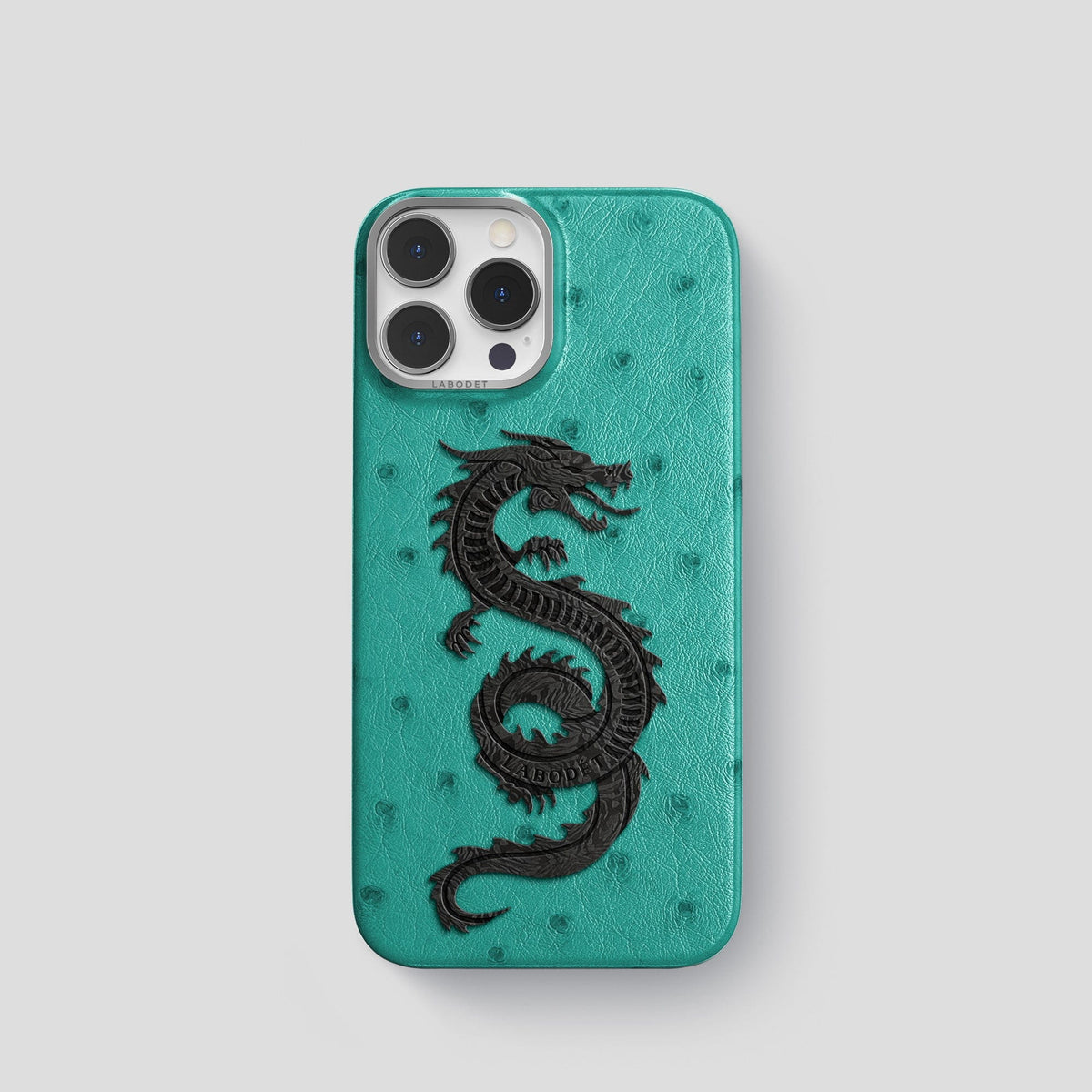 Turquoise iPhone 14 Pro Classic Case Ostrich with Steel Metal -1 | Turquoise-Steel