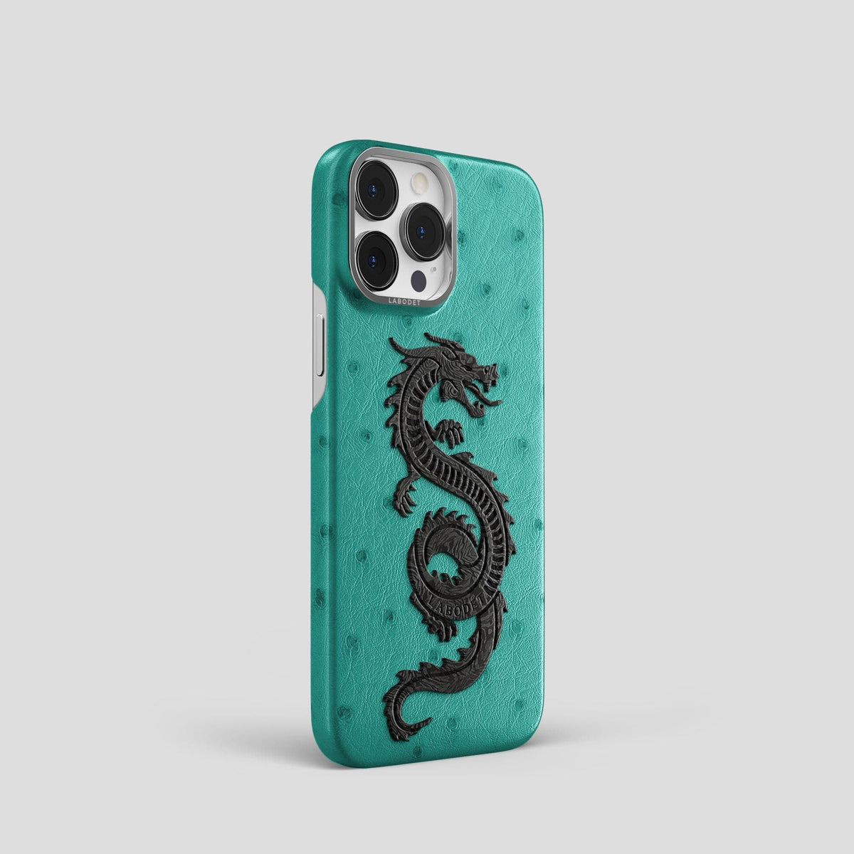 Turquoise iPhone 14 Pro Classic Case Ostrich with Steel Metal -2 | Turquoise-Steel