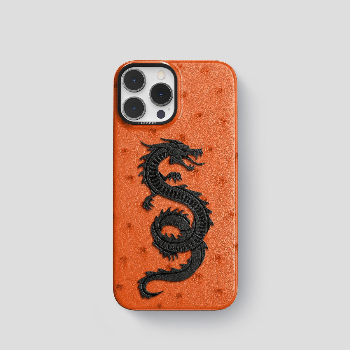 Orange iPhone 14 Pro Classic Case Ostrich with Black Metal -1 | Orange-Black