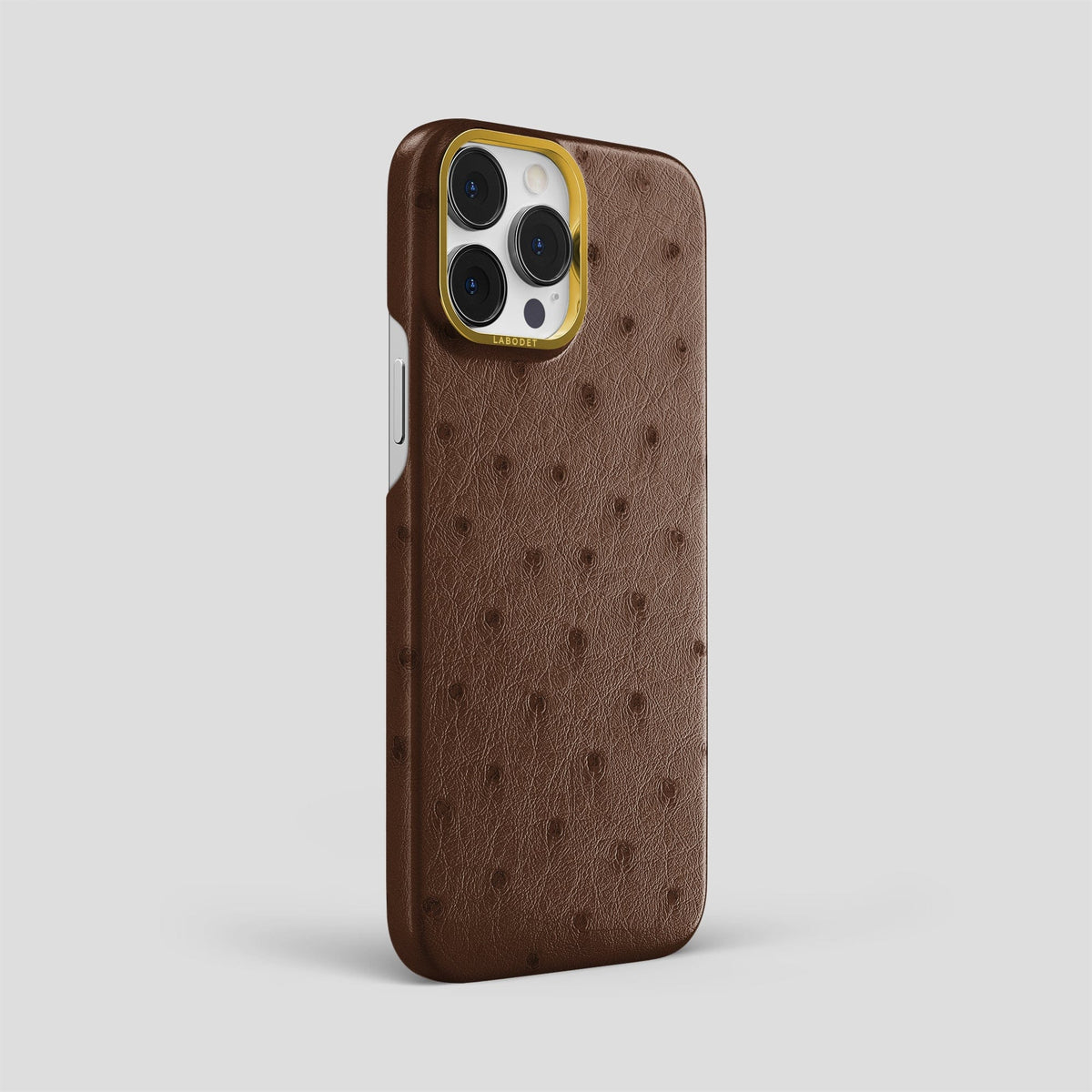 Chocolate iPhone 14 Pro Max Classic Case Ostrich with Gold Metal -2 | Chocolate-Gold
