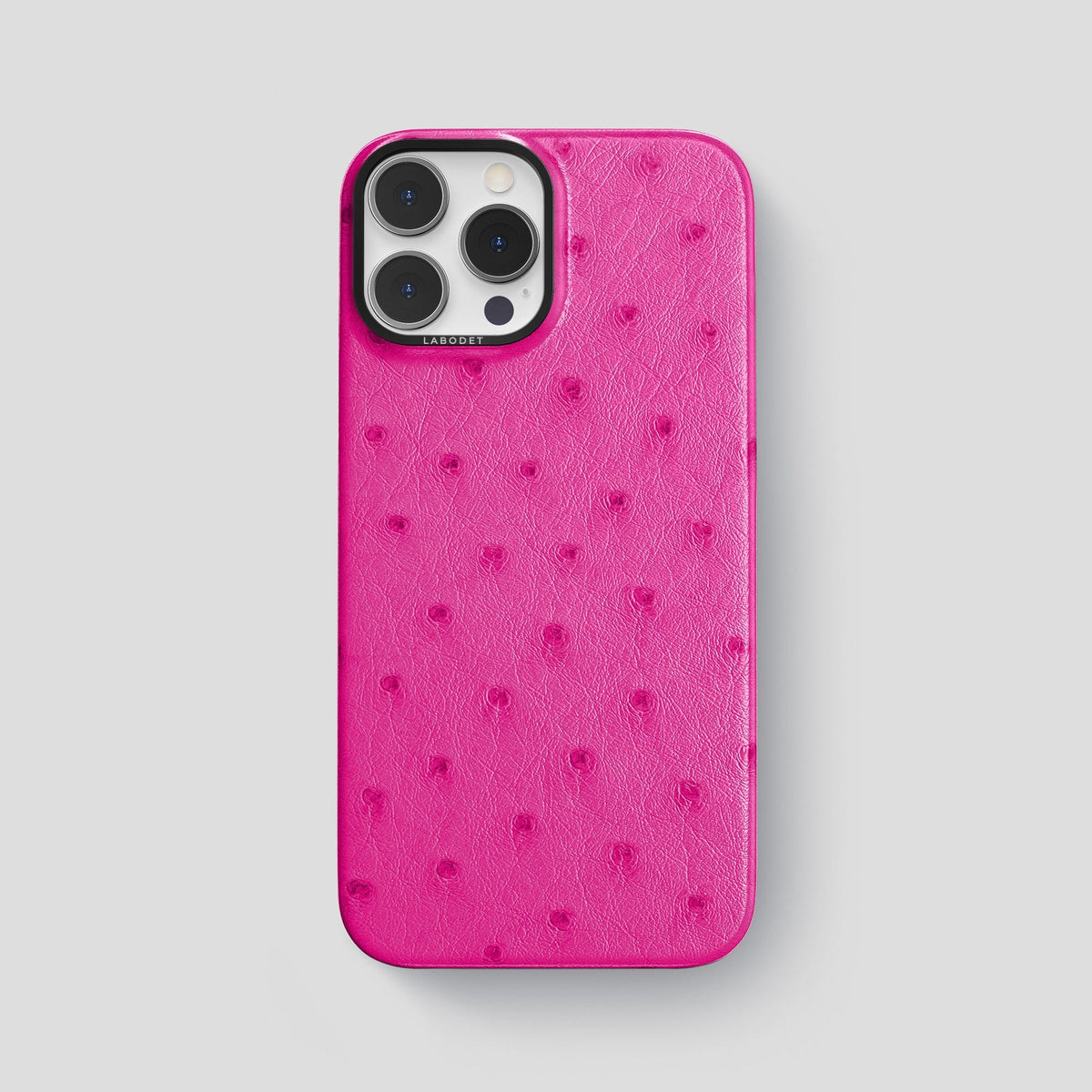 Fuchsia iPhone 14 Pro Max Classic Case Ostrich with Black Metal -1 | Fuchsia-Black