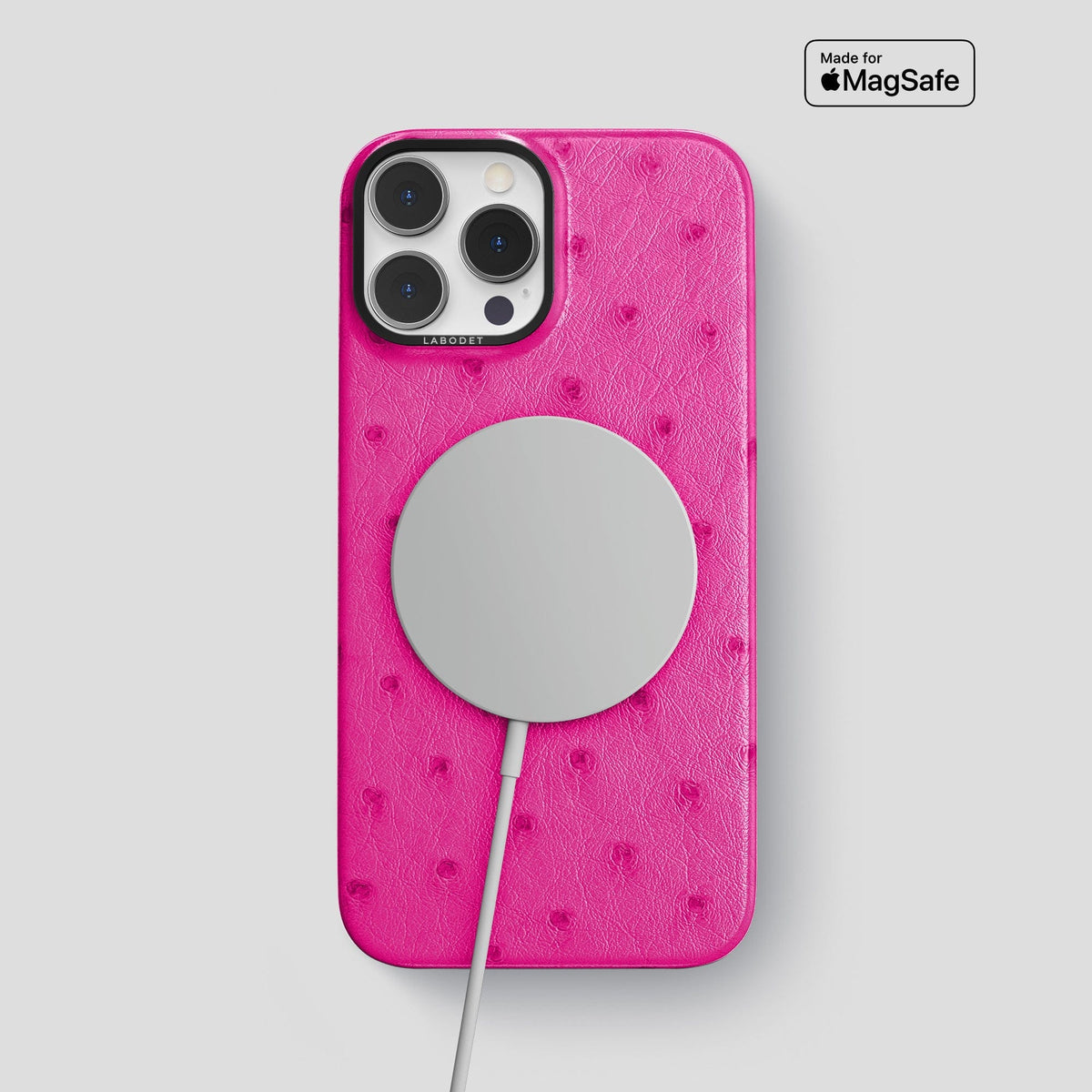 Fuchsia iPhone 14 Pro Max Classic Case Ostrich with Black Metal -5 | Fuchsia-Black
