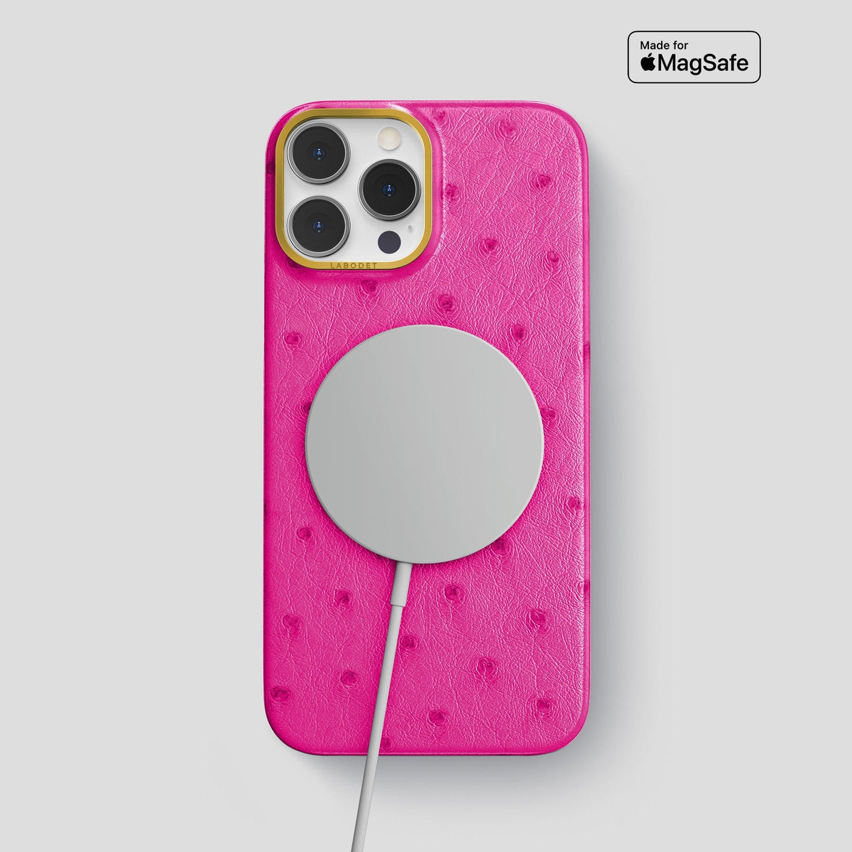 Fuchsia iPhone 14 Pro Max Classic Case Ostrich with Gold Metal -5 | Fuchsia-Gold