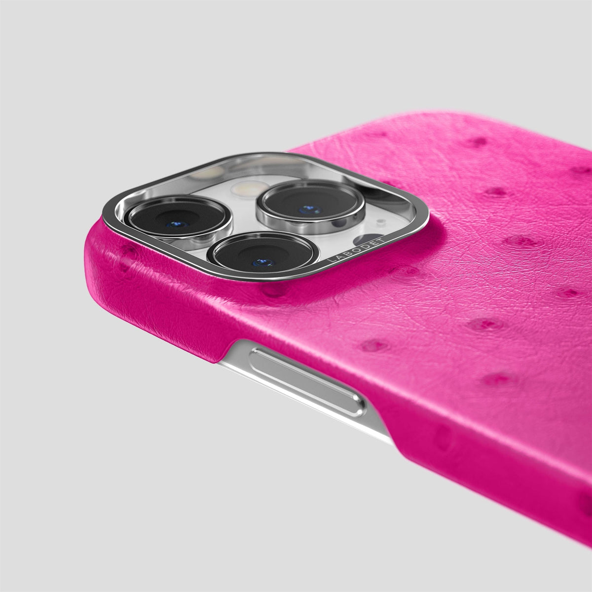 Fuchsia iPhone 14 Pro Max Classic Case Ostrich with Steel Metal -6 | Fuchsia-Steel