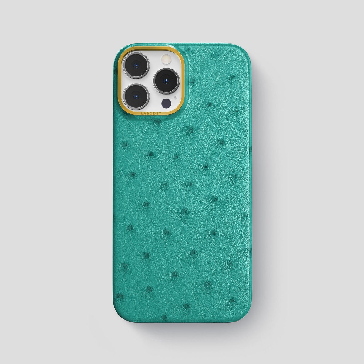 Turquoise iPhone 14 Pro Max Classic Case Ostrich with Gold Metal -1 | Turquoise-Gold