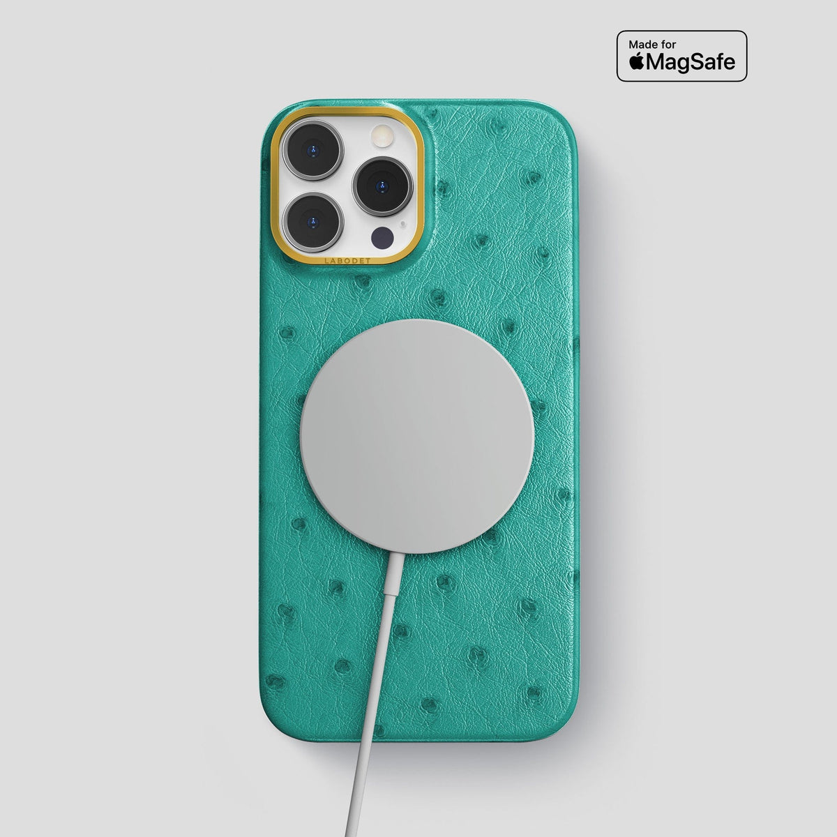 Turquoise iPhone 14 Pro Max Classic Case Ostrich with Gold Metal -5 | Turquoise-Gold