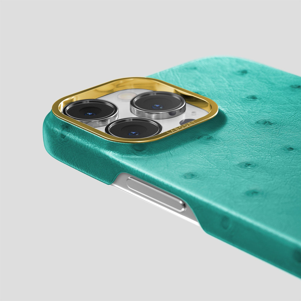 Turquoise iPhone 14 Pro Max Classic Case Ostrich with Gold Metal -6 | Turquoise-Gold