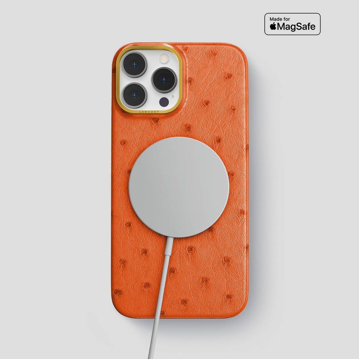 Orange iPhone 14 Pro Max Classic Case Ostrich with Gold Metal -5 | Orange-Gold