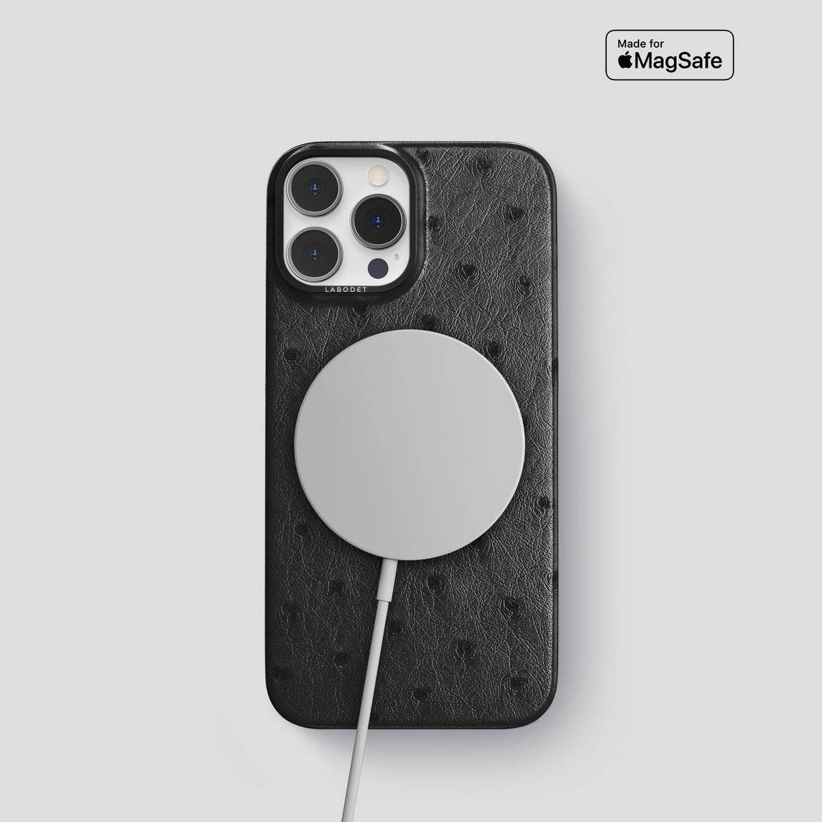 Black iPhone 14 Pro Classic Case Ostrich with Black Metal -5 | Black-Black