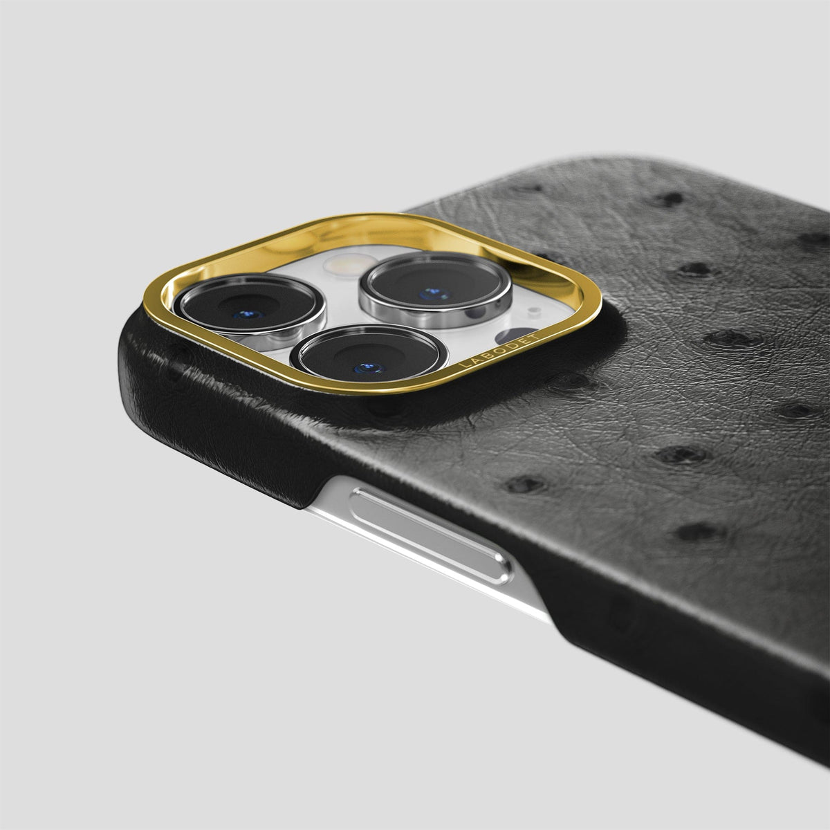 Black iPhone 14 Pro Classic Case Ostrich with Gold Metal -6 | Black-Gold