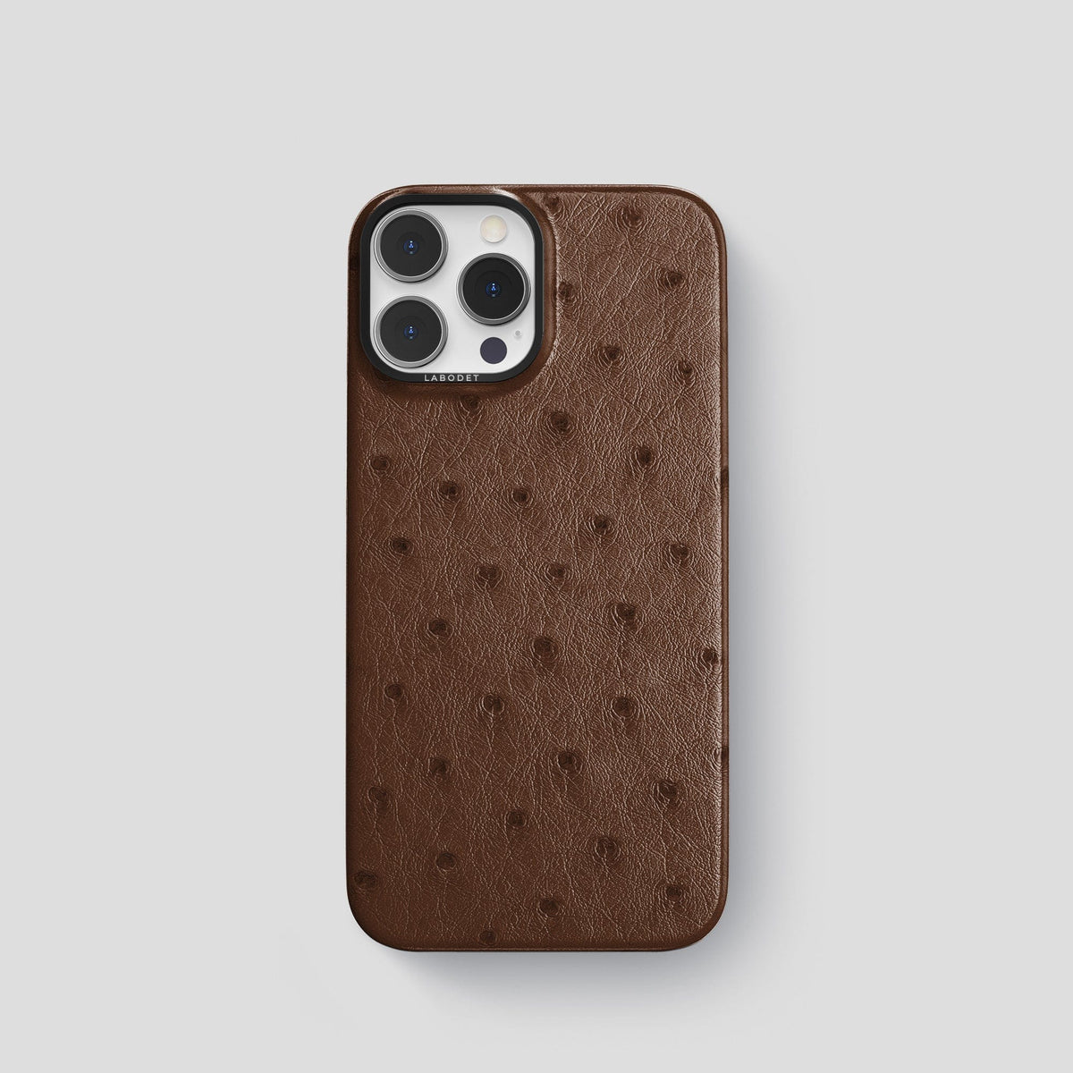 Chocolate iPhone 14 Pro Classic Case Ostrich with Black Metal -1 | Chocolate-Black