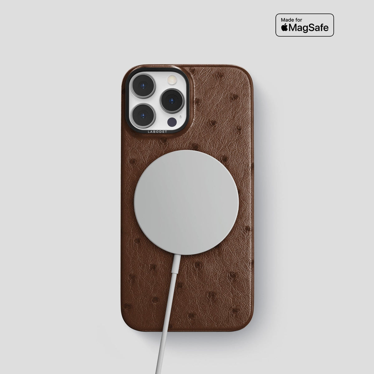 Chocolate iPhone 14 Pro Classic Case Ostrich with Black Metal -5 | Chocolate-Black