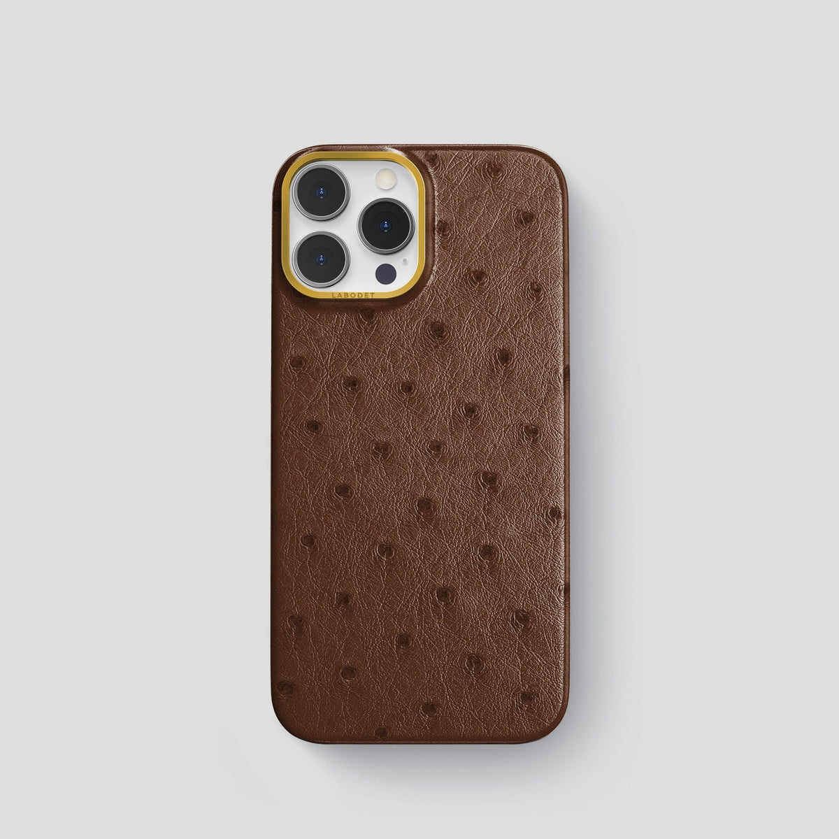 Chocolate iPhone 14 Pro Classic Case Ostrich with Gold Metal -1 | Chocolate-Gold