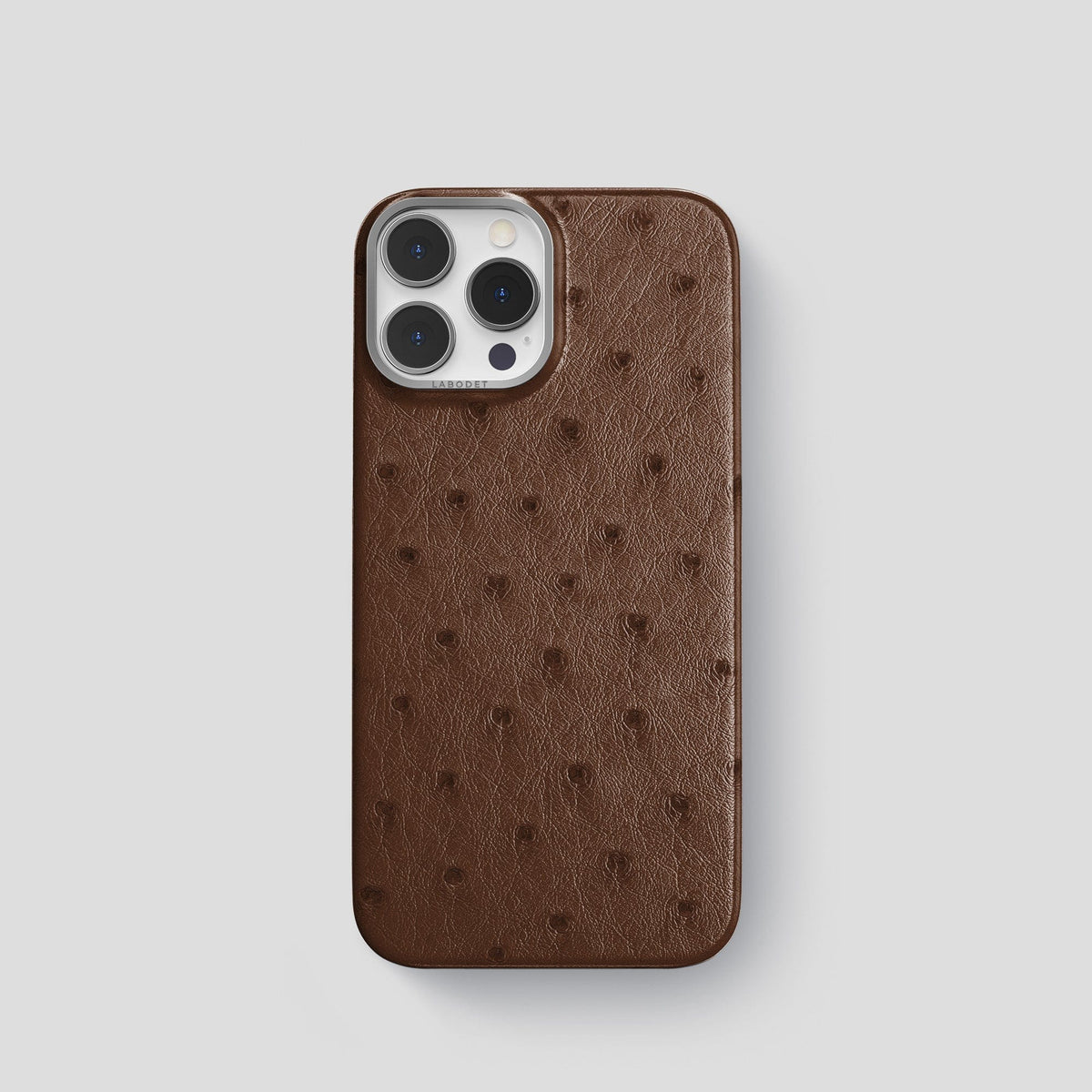 Chocolate iPhone 14 Pro Classic Case Ostrich with Steel Metal -1 | Chocolate-Steel