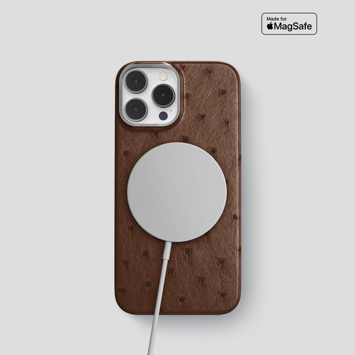 Chocolate iPhone 14 Pro Classic Case Ostrich with Steel Metal -5 | Chocolate-Steel