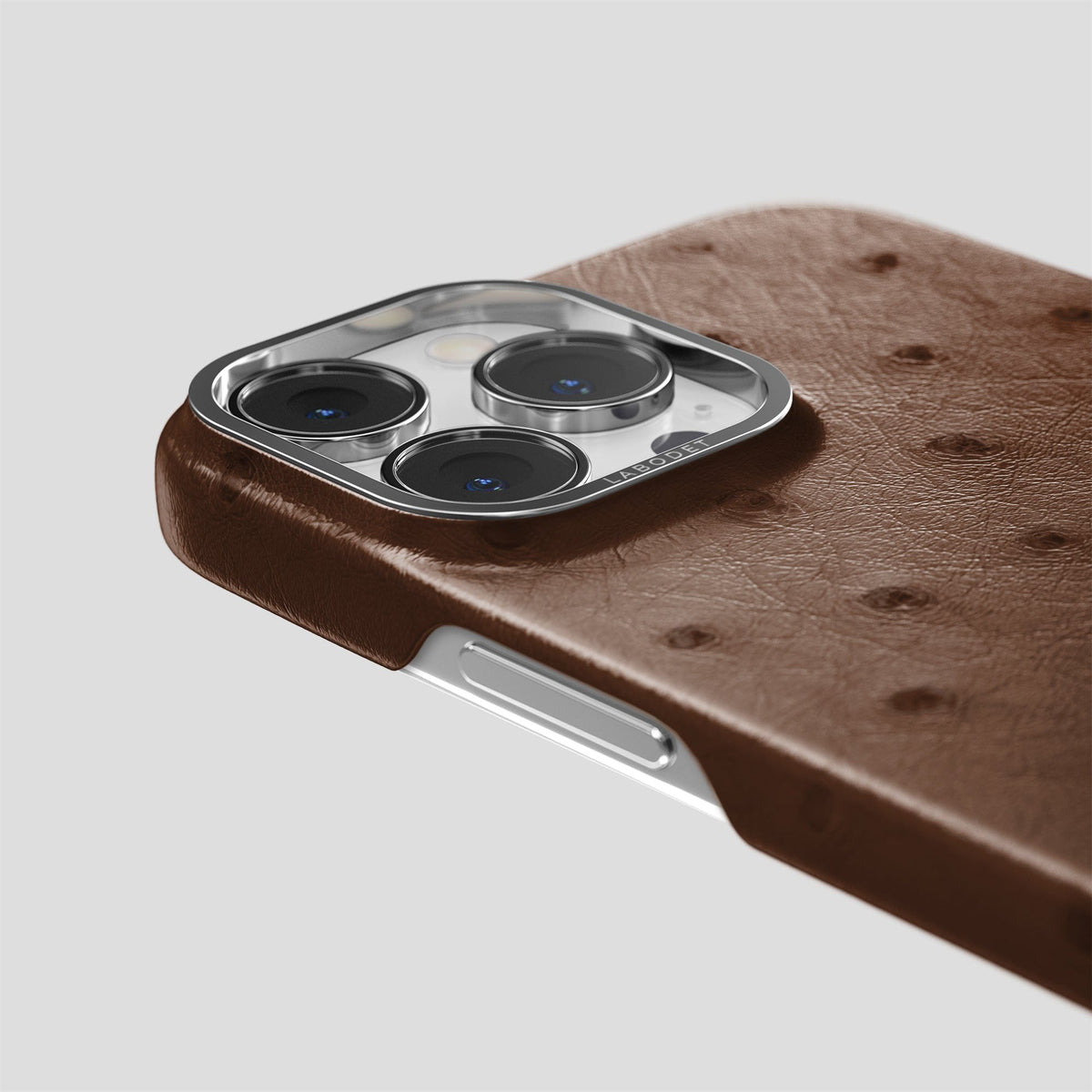 Chocolate iPhone 14 Pro Classic Case Ostrich with Steel Metal -6 | Chocolate-Steel