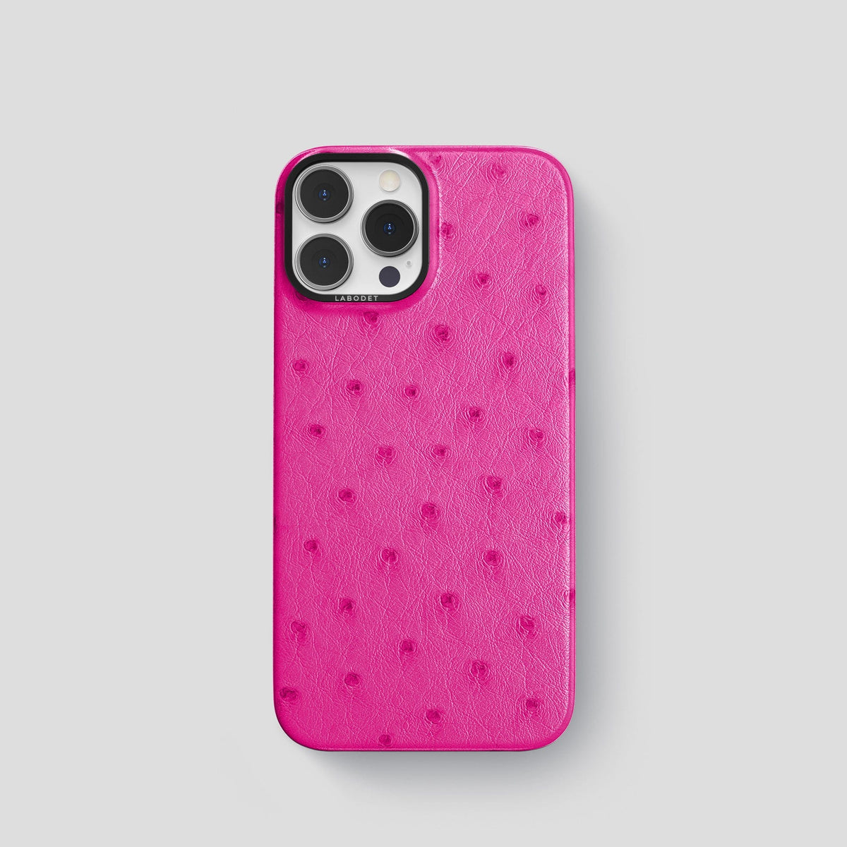 Fuchsia iPhone 14 Pro Classic Case Ostrich with Black Metal -1 | Fuchsia-Black