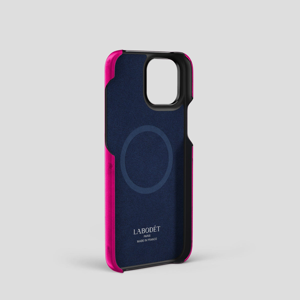 Fuchsia iPhone 14 Pro Classic Case Ostrich with Black Metal -4 | Fuchsia-Black