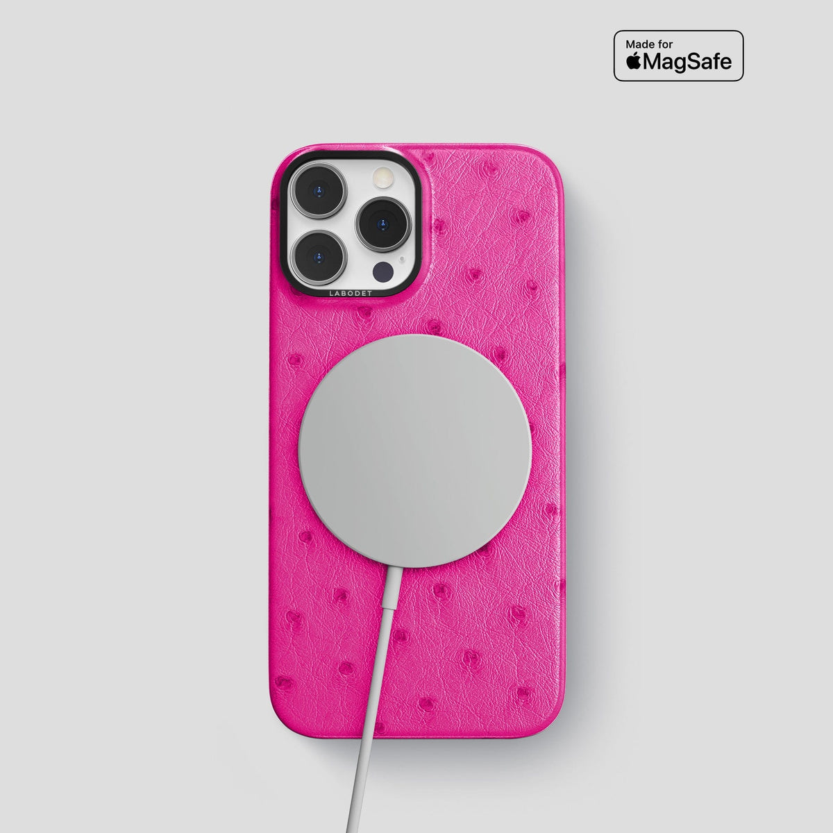 Fuchsia iPhone 14 Pro Classic Case Ostrich with Black Metal -5 | Fuchsia-Black