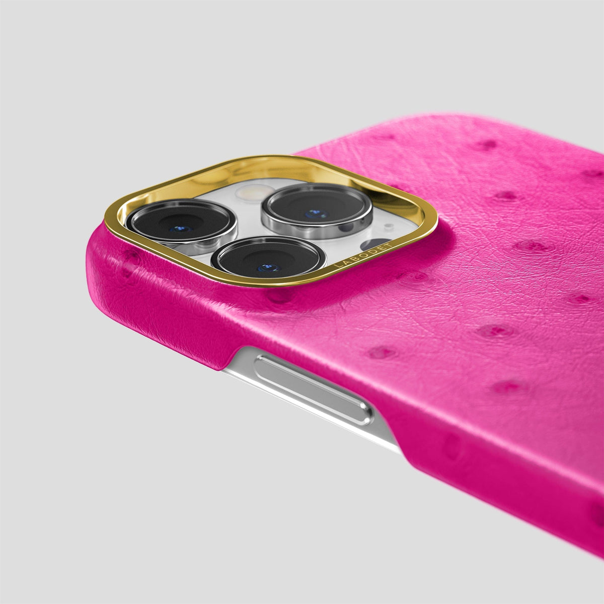 Fuchsia iPhone 14 Pro Classic Case Ostrich with Gold Metal -6 | Fuchsia-Gold