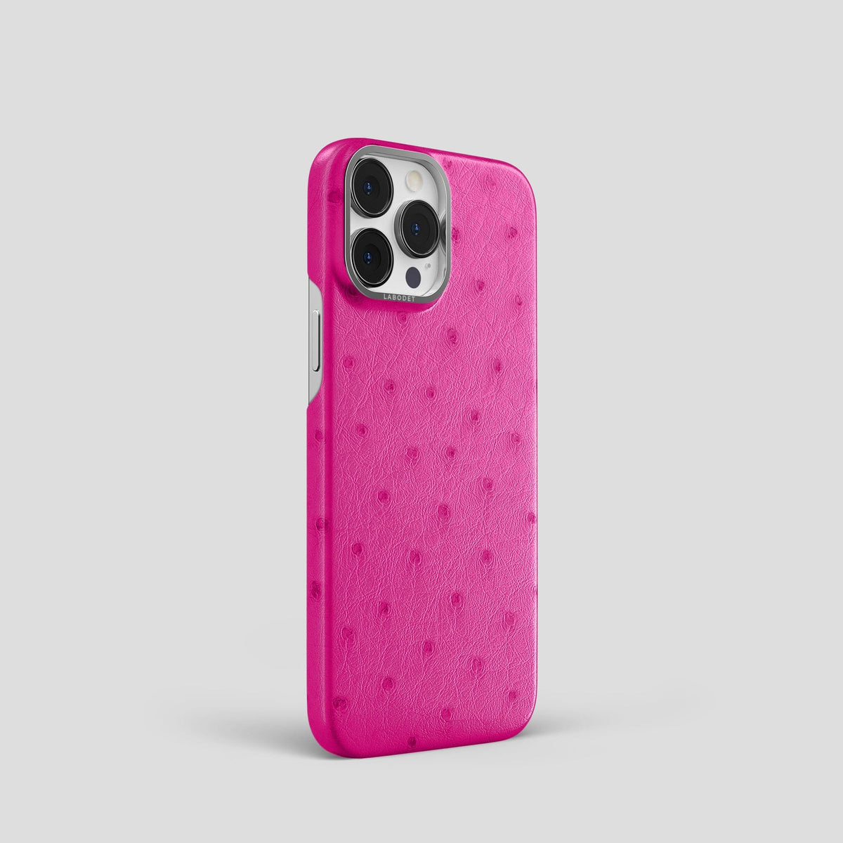 Fuchsia iPhone 14 Pro Classic Case Ostrich with Steel Metal -2 | Fuchsia-Steel