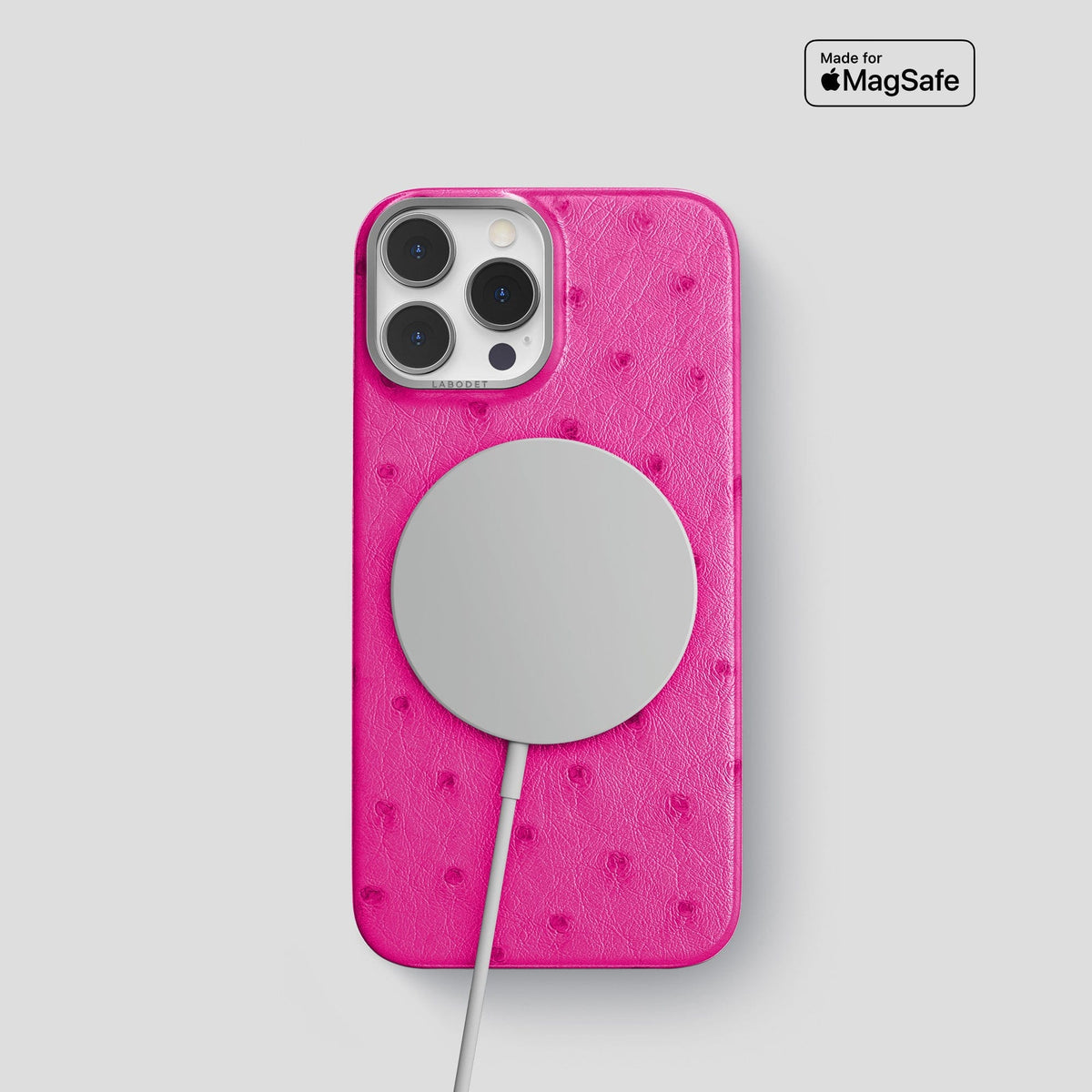 Fuchsia iPhone 14 Pro Classic Case Ostrich with Steel Metal -5 | Fuchsia-Steel