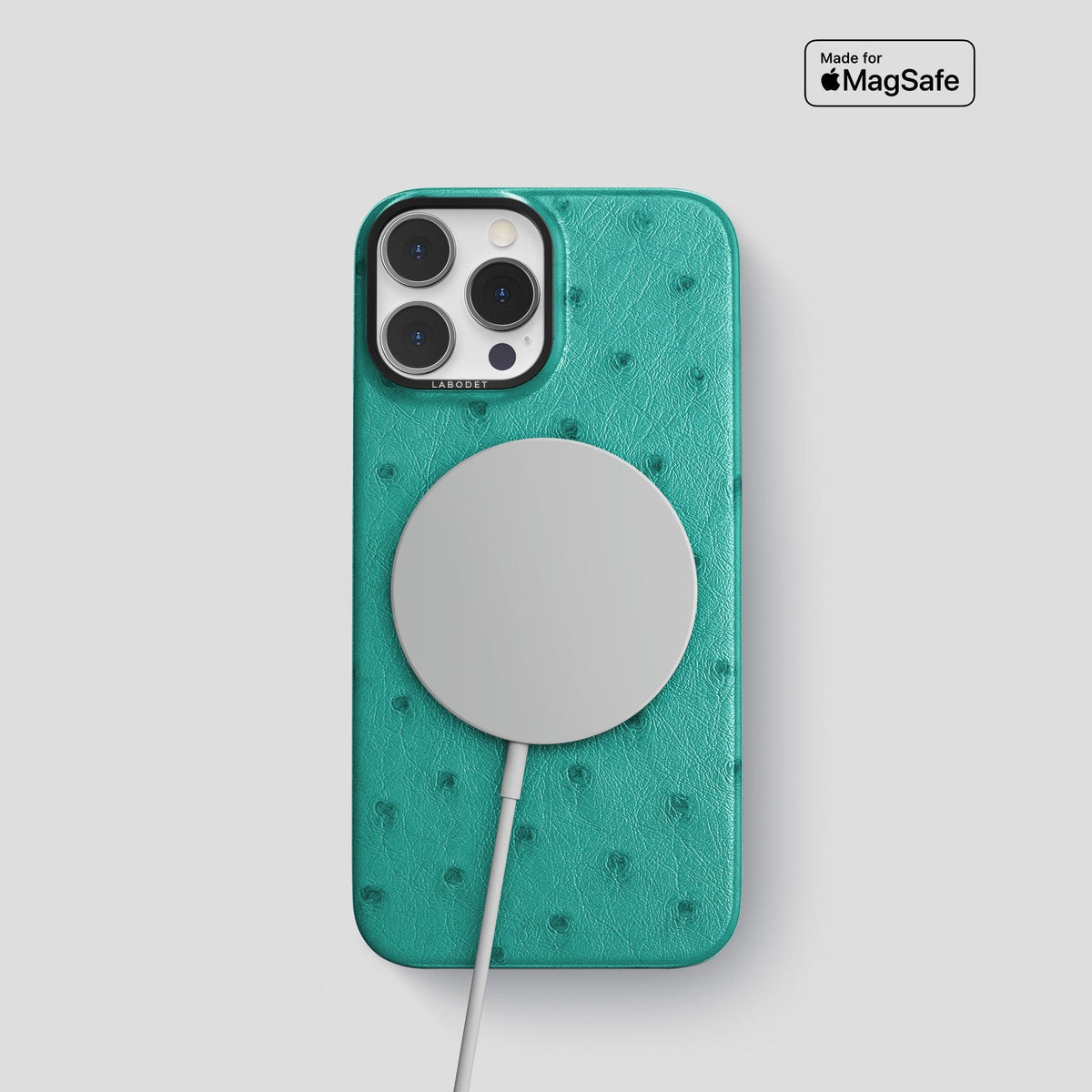 Turquoise iPhone 14 Pro Classic Case Ostrich with Black Metal -5 | Turquoise-Black