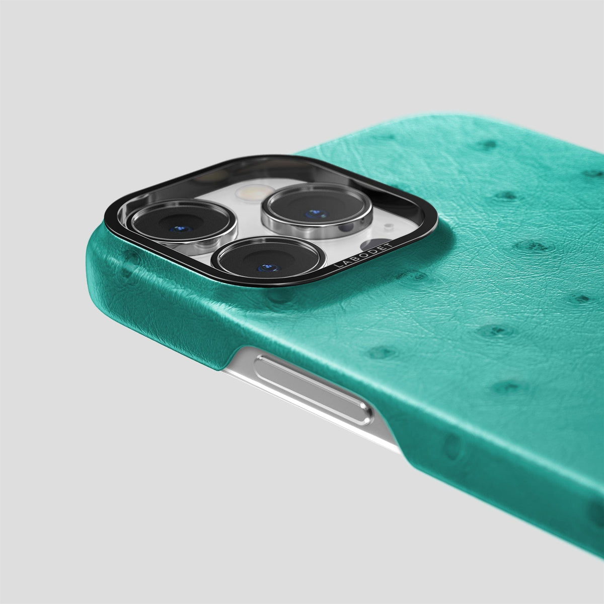 Turquoise iPhone 14 Pro Classic Case Ostrich with Black Metal -6 | Turquoise-Black
