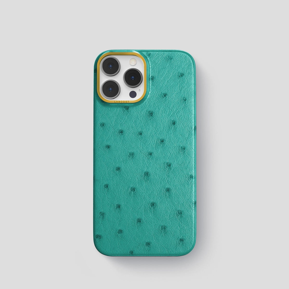 Turquoise iPhone 14 Pro Classic Case Ostrich with Gold Metal -1 | Turquoise-Gold
