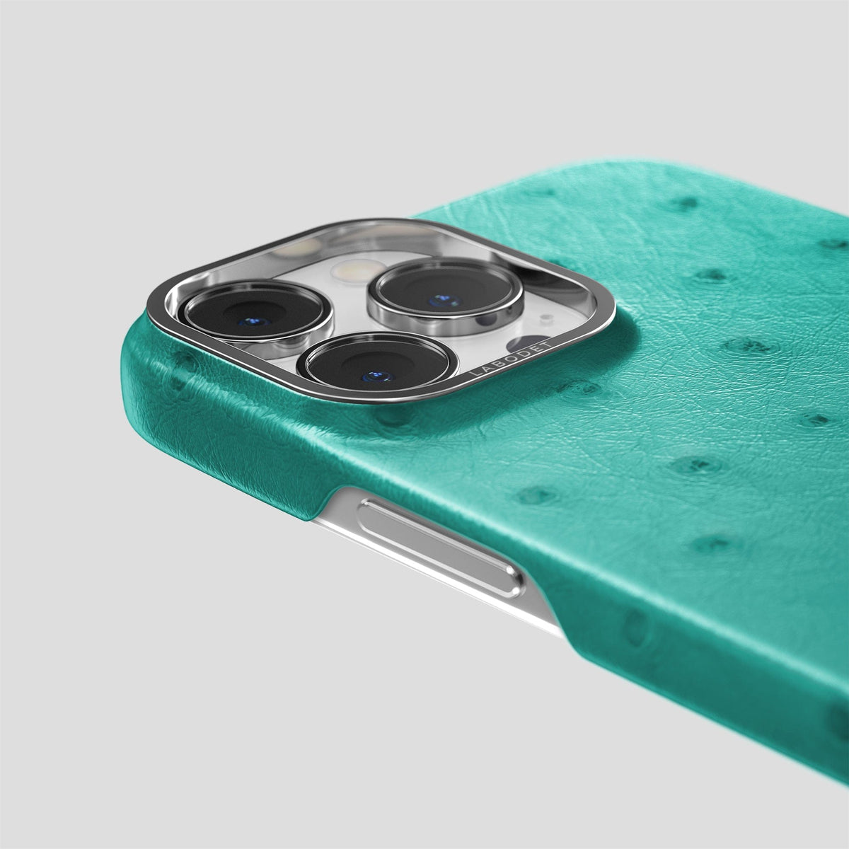 Turquoise iPhone 14 Pro Classic Case Ostrich with Steel Metal -6 | Turquoise-Steel