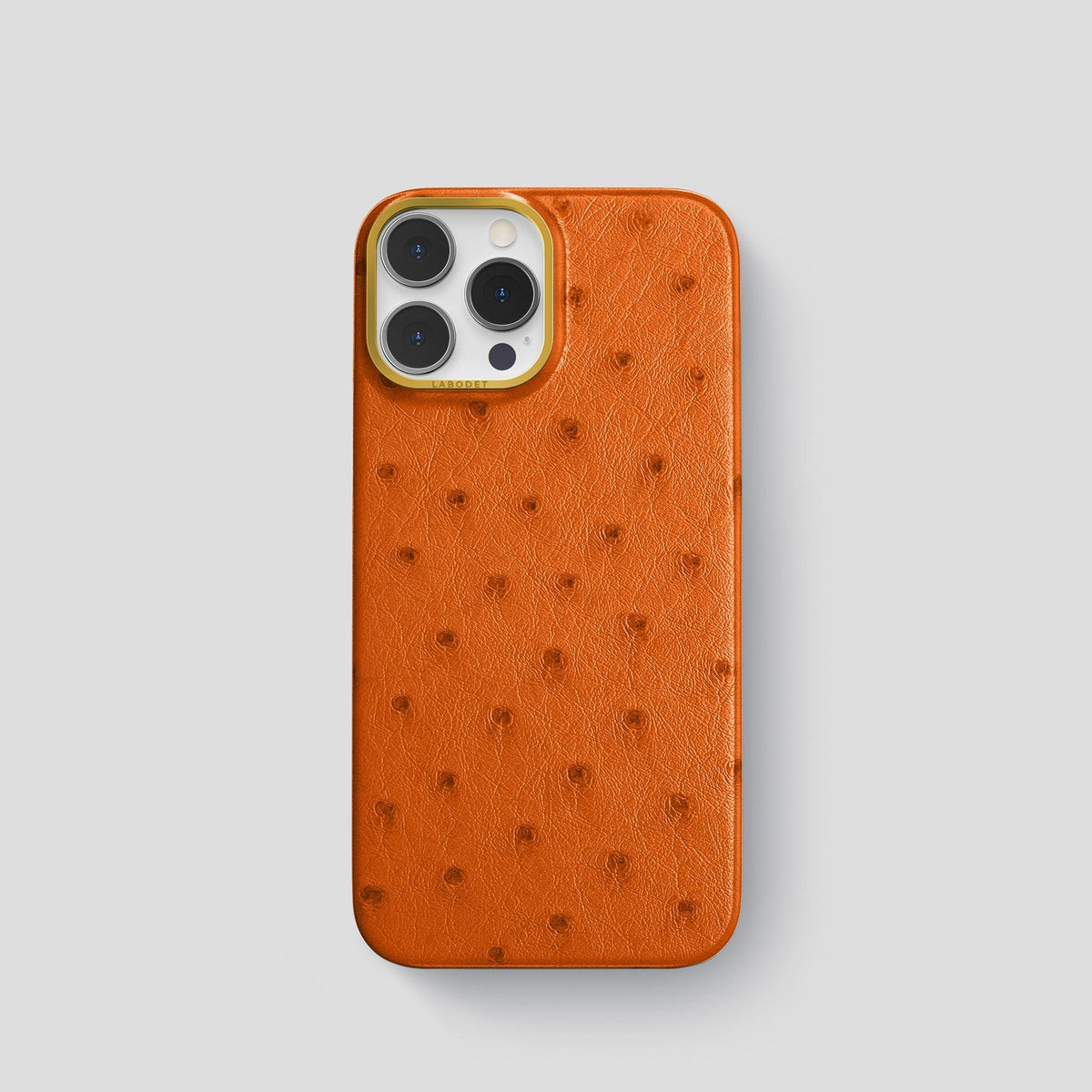 Medium-Brown iPhone 14 Pro Classic Case Ostrich with Gold Metal -1 | Medium-Brown-Gold