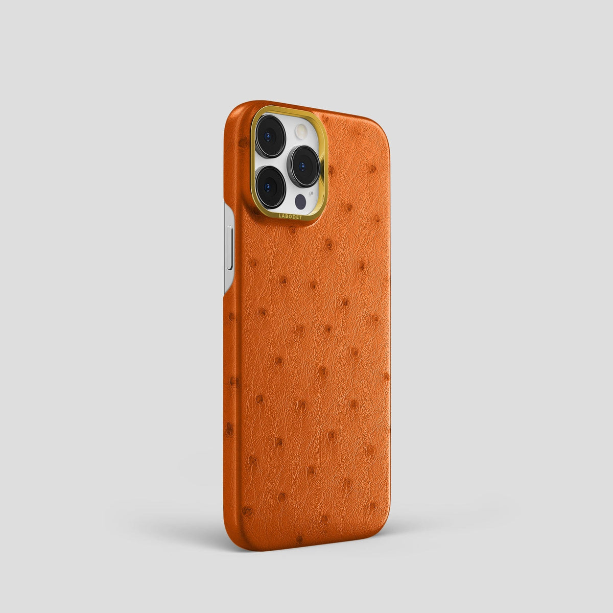 Medium-Brown iPhone 14 Pro Classic Case Ostrich with Gold Metal -2 | Medium-Brown-Gold