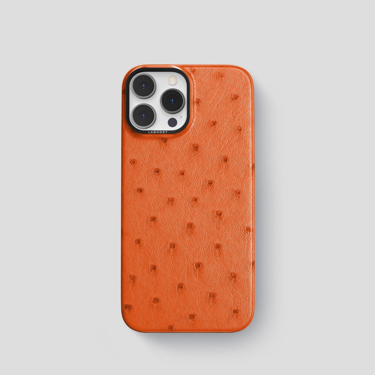 Orange iPhone 14 Pro Classic Case Ostrich with Black Metal -1 | Orange-Black
