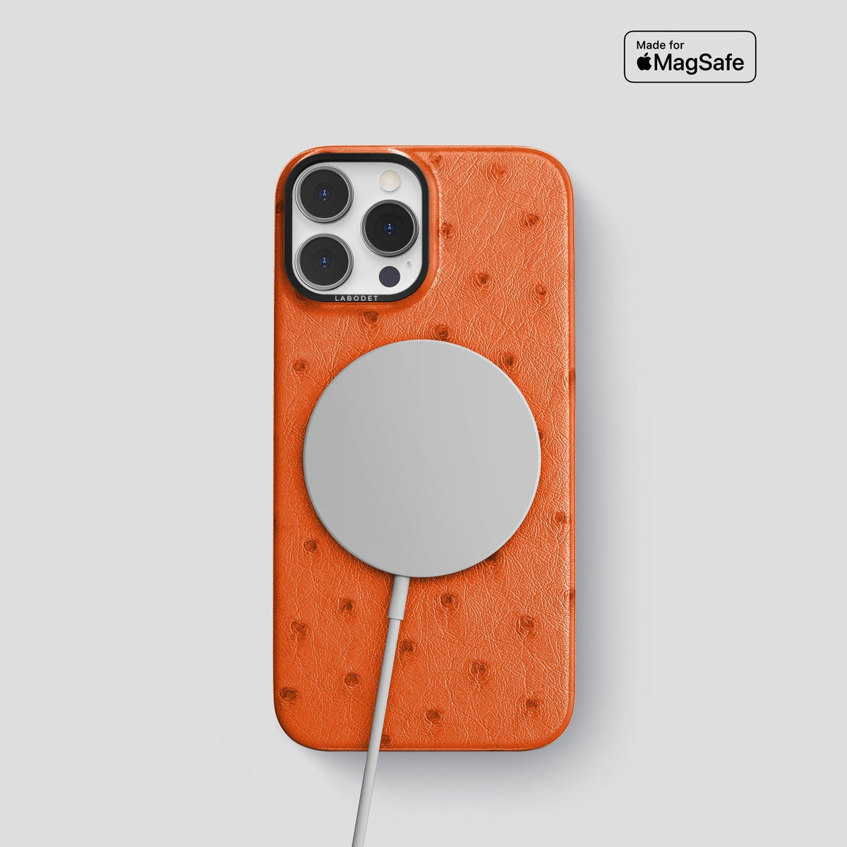 Orange iPhone 14 Pro Classic Case Ostrich with Black Metal -5 | Orange-Black