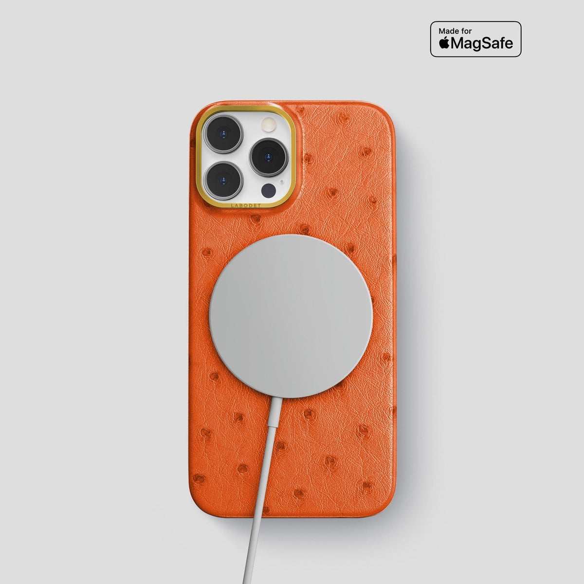 Orange iPhone 14 Pro Classic Case Ostrich with Gold Metal -5 | Orange-Gold