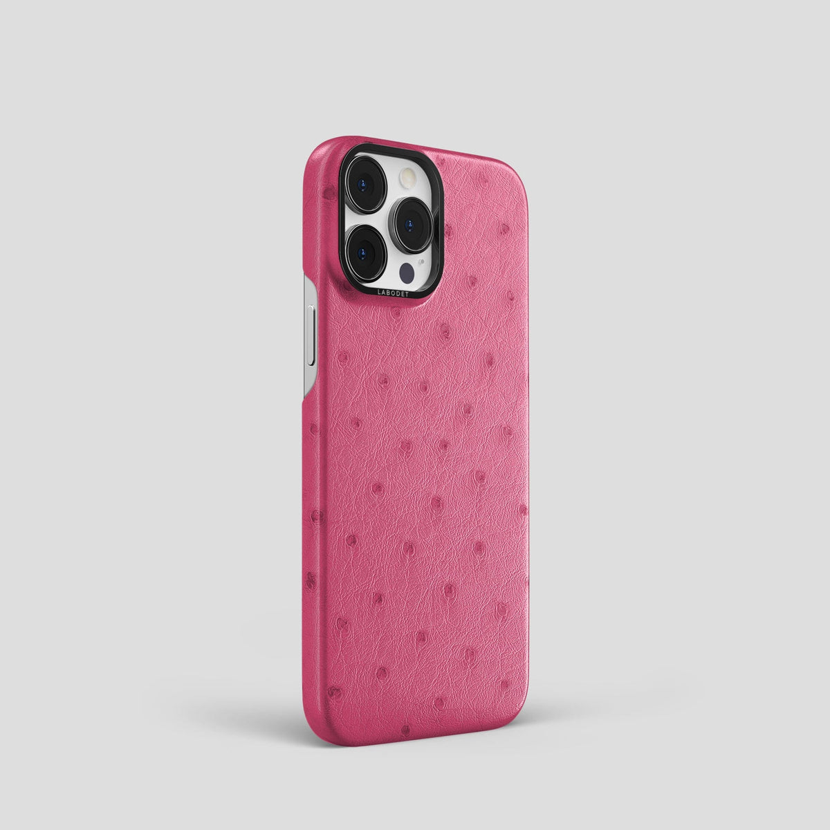 Petal Pink iPhone 14 Pro Classic Case Ostrich with Black Metal -2 | Petal-Pink-Black