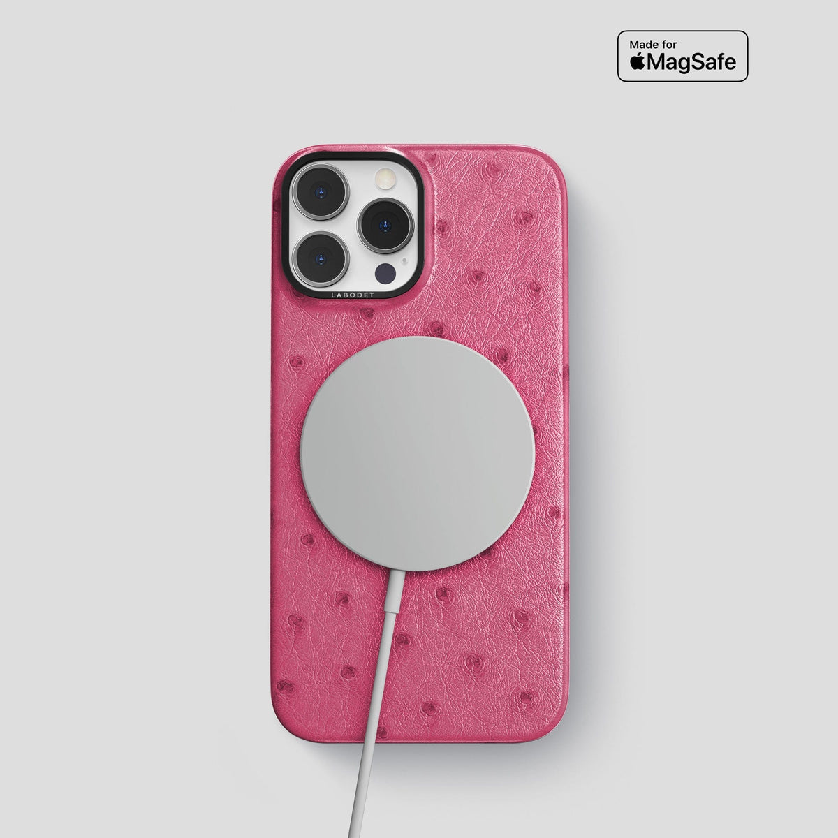 Petal Pink iPhone 14 Pro Classic Case Ostrich with Black Metal -5 | Petal-Pink-Black