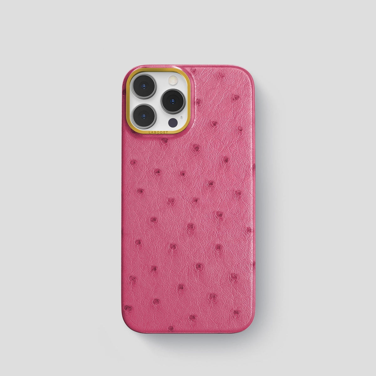 Petal Pink iPhone 14 Pro Classic Case Ostrich with Gold Metal -1 | Petal-Pink-Gold