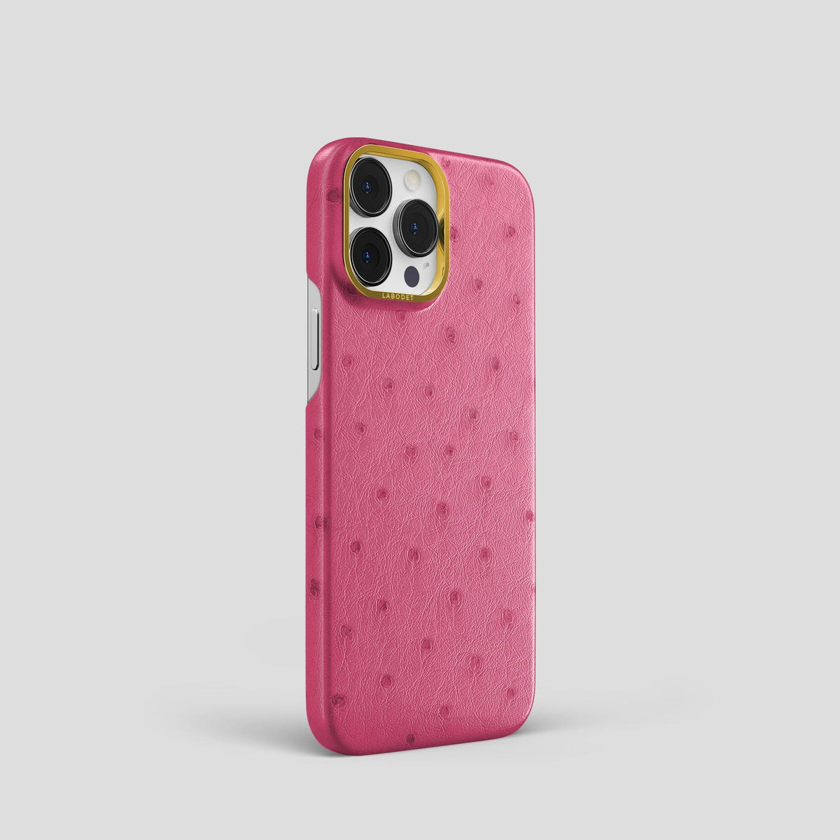 Petal Pink iPhone 14 Pro Classic Case Ostrich with Gold Metal -2 | Petal-Pink-Gold