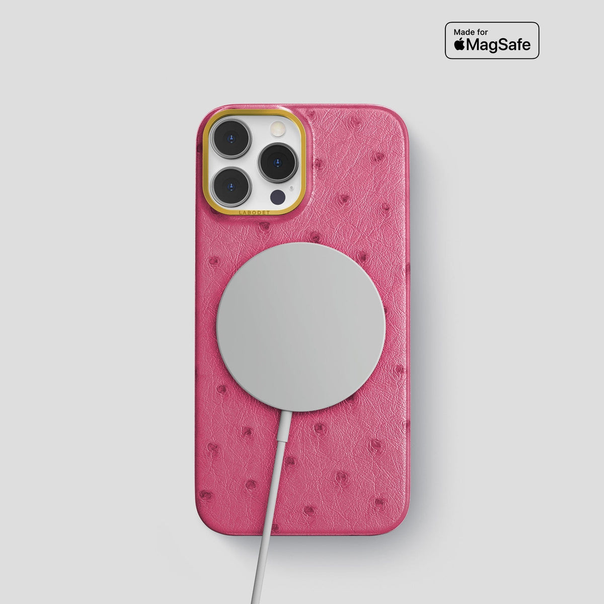 Petal Pink iPhone 14 Pro Classic Case Ostrich with Gold Metal -5 | Petal-Pink-Gold