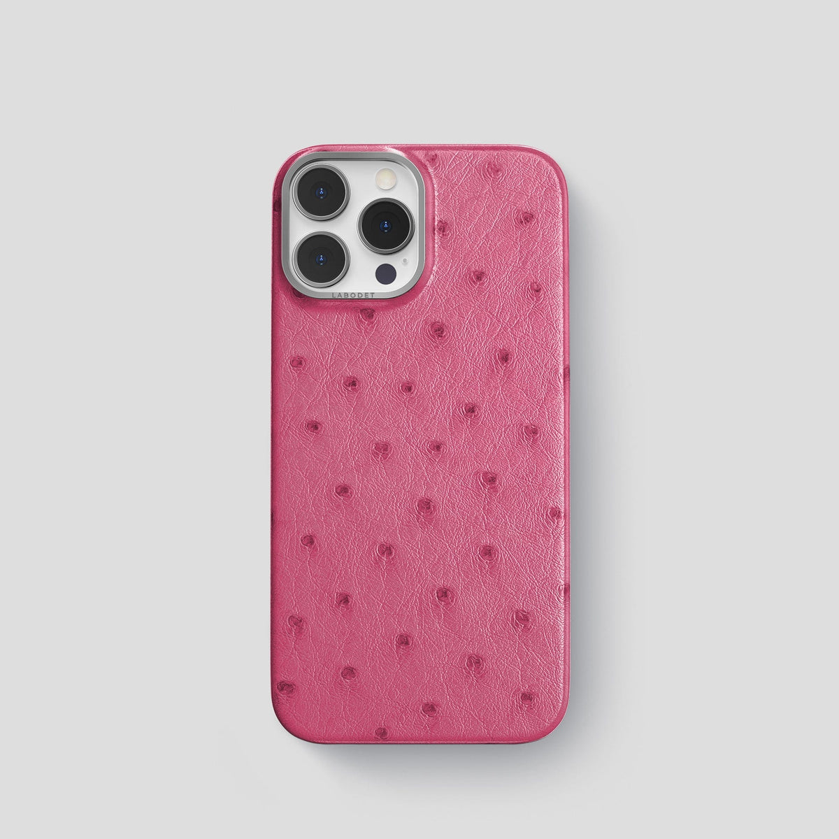 Petal Pink iPhone 14 Pro Classic Case Ostrich with Steel Metal -1 | Petal-Pink-Steel