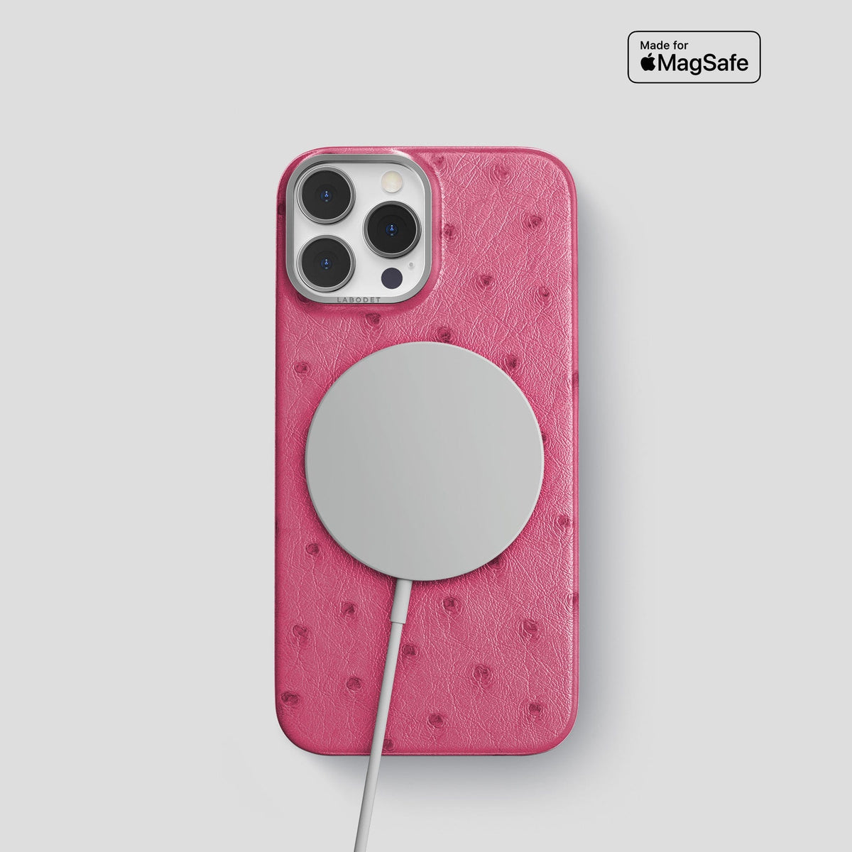 Petal Pink iPhone 14 Pro Classic Case Ostrich with Steel Metal -5 | Petal-Pink-Steel