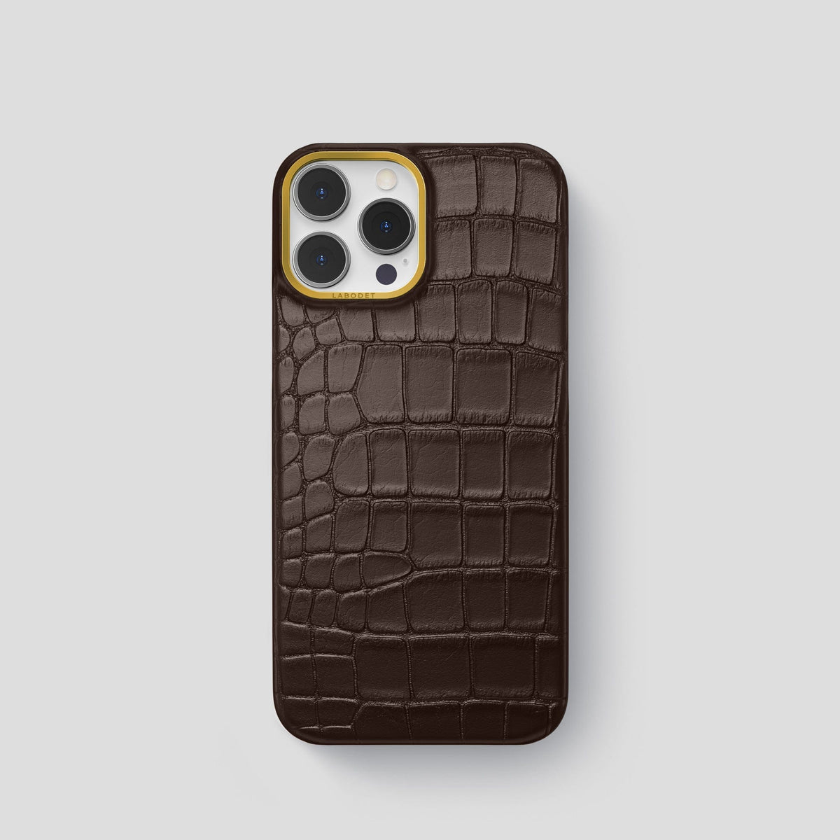 Dark Brown iPhone 14 Pro Classic Case Alligator with Gold Metal -1 | Dark-Brown-Gold