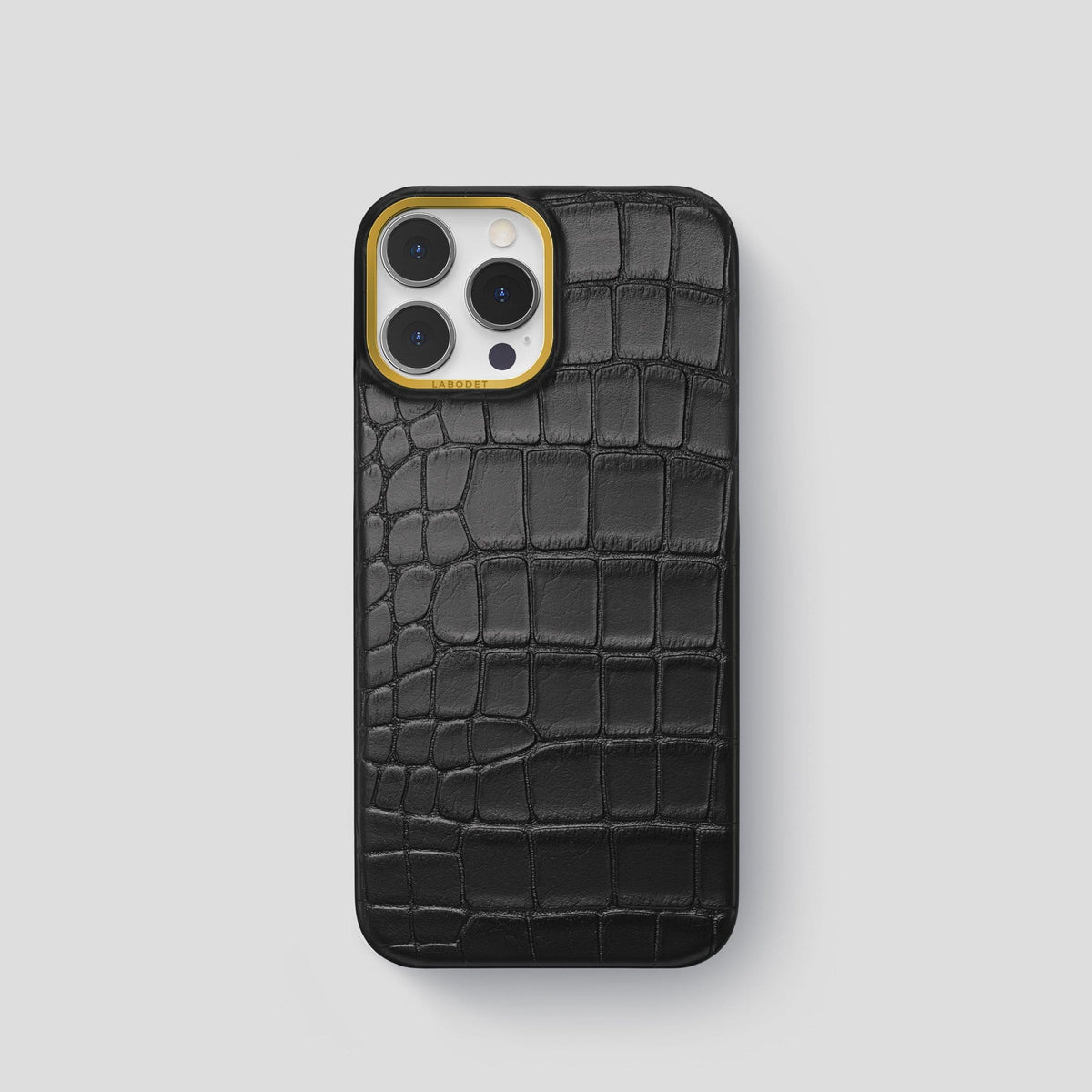 Black iPhone 14 Pro Classic Case Alligator with Gold Metal -1 | Black-Gold
