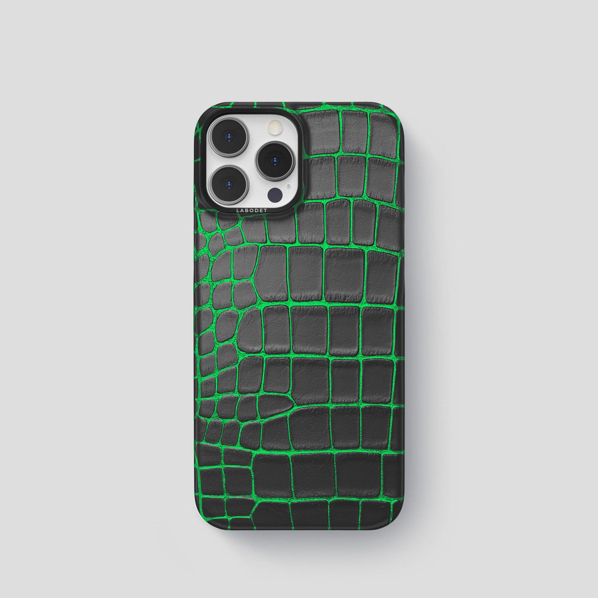 Neon-Green iPhone 14 Pro Classic Case Luminescent Alligator with Black Metal -1 | Neon-Green-Black