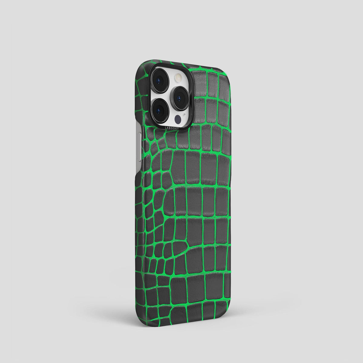 Neon-Green iPhone 14 Pro Classic Case Luminescent Alligator with Black Metal -3 | Neon-Green-Black
