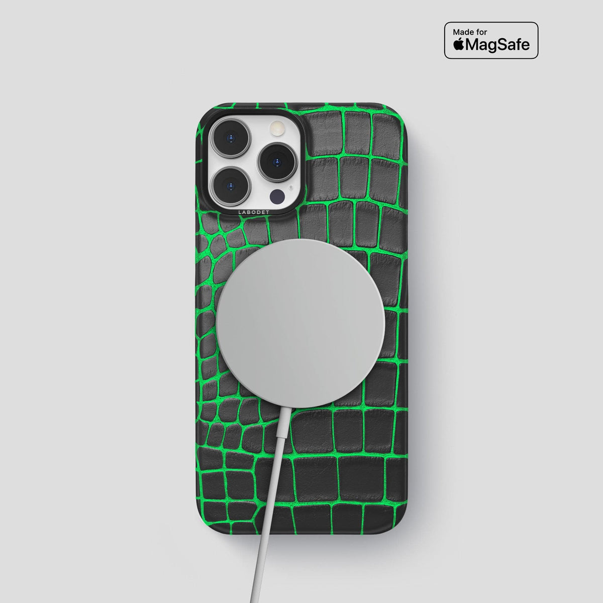 Neon-Green iPhone 14 Pro Classic Case Luminescent Alligator with Black Metal -6 | Neon-Green-Black