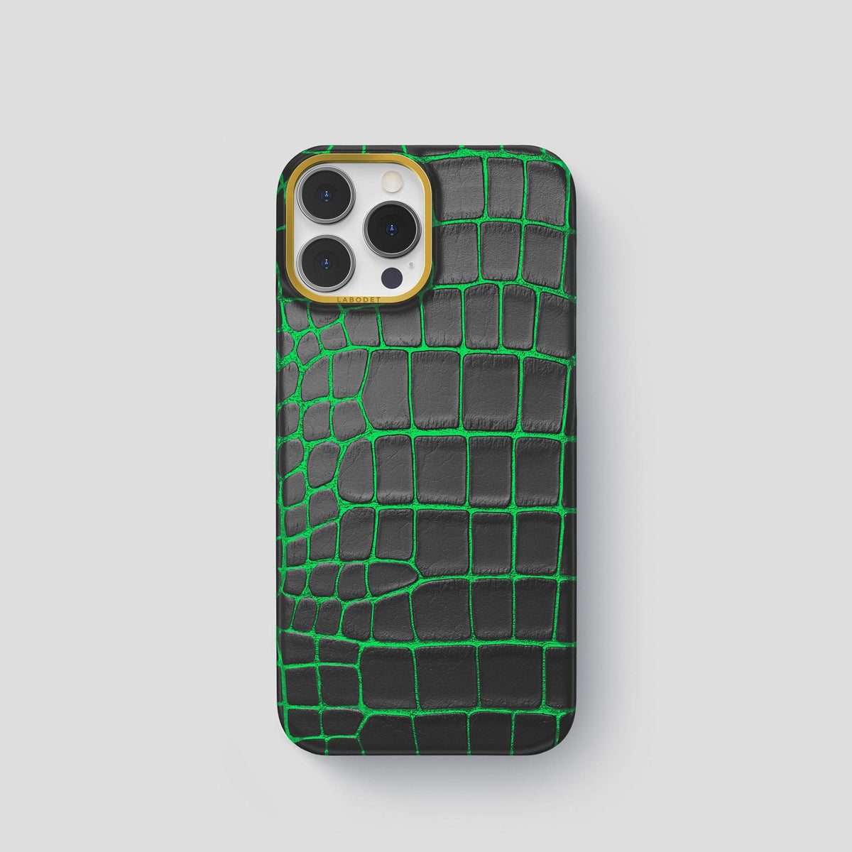 Neon-Green iPhone 14 Pro Classic Case Luminescent Alligator with Gold Metal -1 | Neon-Green-Gold