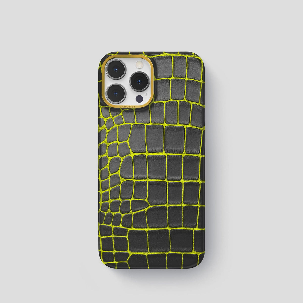 Neon-Yellow iPhone 14 Pro Classic Case Luminescent Alligator with Gold Metal -1 | Neon-Yellow-Gold
