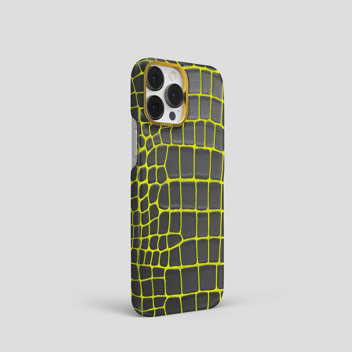 Neon-Yellow iPhone 14 Pro Classic Case Luminescent Alligator with Gold Metal -3 | Neon-Yellow-Gold